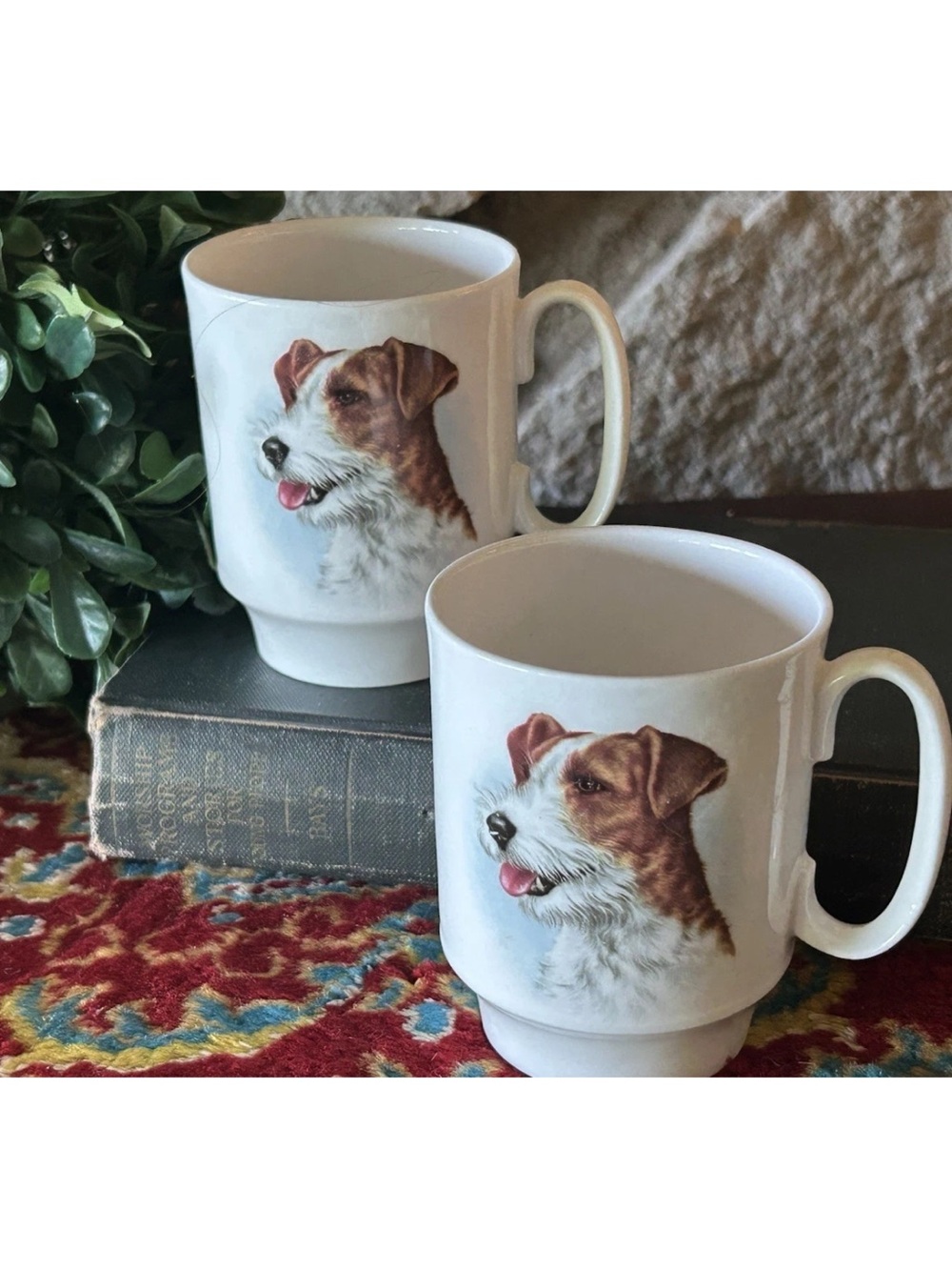2 Vintage Jack Russel Terrier Coffee Tea Mug Royal Windsor Fine Bone China EC